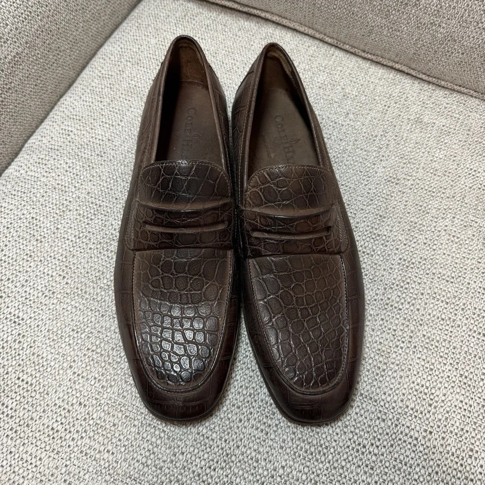 Cole Haan Brown‎ Crocodile-Embossed Leather Penny Loafers Size 8 Men